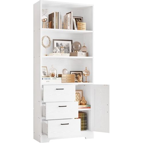 IRONCK Bookshelf with Door and 3 Drawers, 71in Tall Bookcase Shelf with 3-Tier Shelves, for Bedroom Living Room Entrance Hallway Home Office
