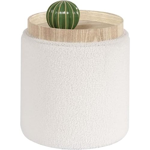 B FSOBEIIALEO Storage Ottoman Cube, Round Boucle Ottomans with Tray, Teddy Foot Rest Ottoman with Storage for Living Room , 13.5"x13.5"x15" (Cream White)