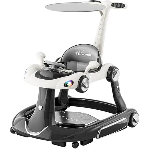 Baby Walker with Wheels, 7-in-1 Baby Walkers for Boys Girls 6-12 Months with Feeding Tray & Music, Sun Canopy, Bouncing Pedal, Adjustable Wheel Speed, Push Walker 7-18 Months (Black)