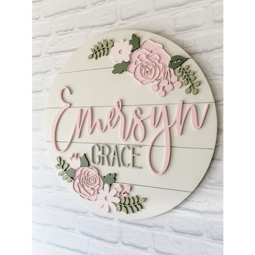 Custom Floral Wood Baby Name Sign for Girly Nursery: Blush Pink and Sage Green Floral Shiplap Nursery Wall art Decor with 3D raised Name