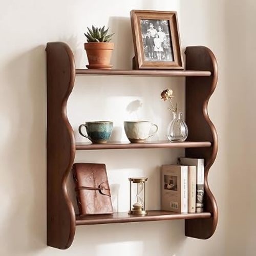 Floating Shelves For Wall - 100% Solid Wood Wall Shelf 3-Tier, Vintage Shelf Wall Mounted Storage Rack, Farmhouse Decor Hanging Shelf For Decor Kitchen, Dining Room, Living Room,Bedroom -Dark Walnut