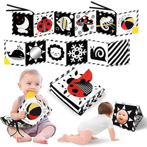 Tummy Time Toys, High Contrast Baby Book with Mirror & Teether, Black and White Infant Books, 0-6-12 Months Soft Book for Newborn, Sensory Books, Tummy Time Car Seat Toys 0-6 Month Boy Girl Gift