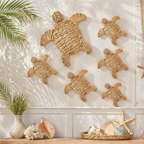 Threehoney 6 Pcs Turtle Beach Theme Decor Handmade Wicker Turtle Wall Decor Sea Life Hanging Wall Art Coastal Nautical Sculpture Table Decoration for Boho Bathroom Indoor Outdoor Ornament
