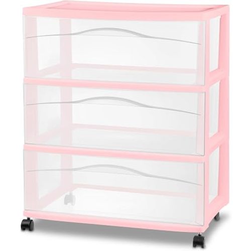 Sterilite Wide Storage Cart, 3 Clear Drawer Plastic Organizer with Wheels, Grey Pumice Frame - Rolling Unit for Craft Supplies or Home Accessories