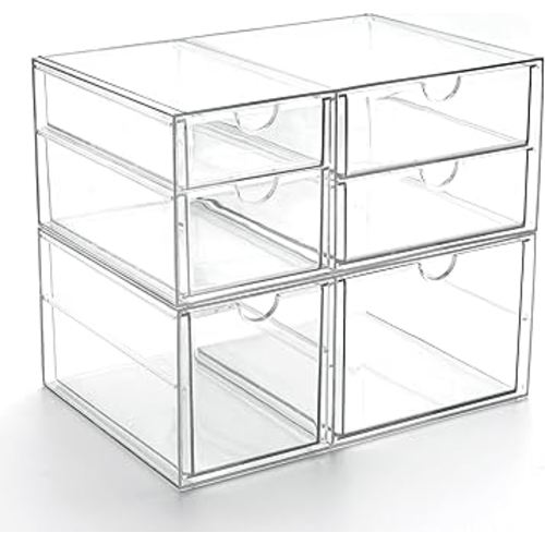 Prsildan Acrylic Drawer Makeup Organizer with 6 Drawers, Set of 2 Office Desk Organizers Accessories, Clear Stackable Storage Drawers for Vanity, Countertop, Craft, Jewelry, Art Supply Organization