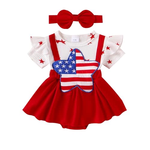 My First 4th of July Baby Girl Outfit American Flag Ruffled Sleeve Romper Dress Headband Infant Patriotic Clothes