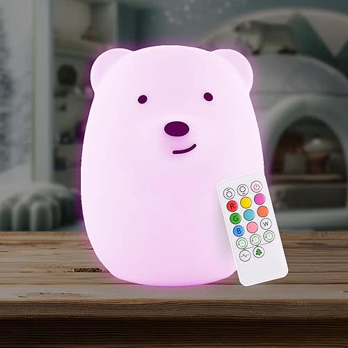 Lumipets Benny The Bear Squishy Silicone Night Light for Kids | Cute Night Light with Remote & Touch Control for Girls & Boys | 9 Color Changing Soft Portable Animal Lamp Comes with USB Cord