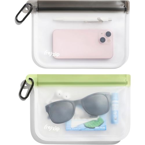 (re)zip On-The-Go Take Me Along Clip-On Bags with 2 Carabiners, Reusable, Lightweight, Compact, Airtight Closure, Water-Resistant, Travel-Friendly, Holds Wallet, Keys, Phone & Essentials