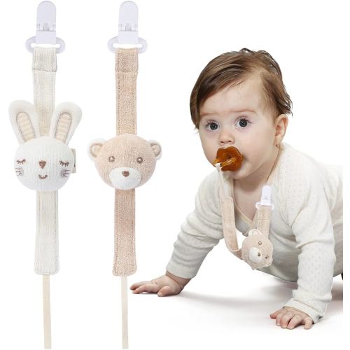 Pacifier Clip, 2 Pack Baby Pacifier Holder for Boys and Girls Fits Many Pacifiers & Baby Teething Toys, Ideal Baby Gift (Rabbit&Bear)