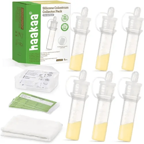 haakaa Colostrum Collector with Storage Case Set, Included 1 pc Reusable Cotton Wipe and Storage Box (0.1oz/4ml, 6 pcs)