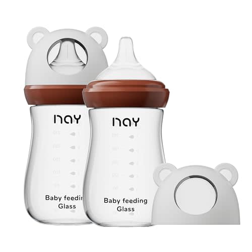 yanyoyo Natural Glass Baby Bottle for Breastfeeding Babies, 8oz Anti-Colic Baby Bottle with Natural Response Nipple(M), Clear, Wide Neck, 2 Pack, 3 Months+