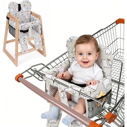 Baby Shopping Cart Seat Cover – Padded Shopping Cart Seat for Baby, High Chair Cover for Restaurant, Unisex Machine Washable Infant Toddler Cart Cover with Storage Pockets – Gray Elephant