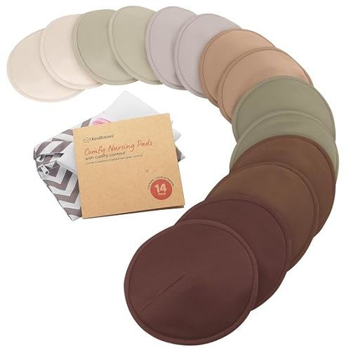 Organic Nursing Pads - 14 Washable Breast Pads for Breastfeeding, Wash Bag, Viscose Derived from Bamboo Reusable Nipple Covers for Breastfeeding Essentials, Soft & Absorbent (Sable, L 5")