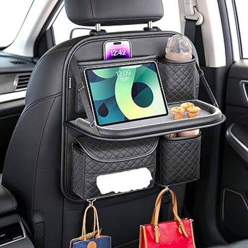 PU Leather Backseat Car Organizer with Tray, Cup Holder, Tablet Pocket & Tissue Holder, Back Seat Car Organizer for Kids and Women, Universal Car Seat Storage Organizer (Black)