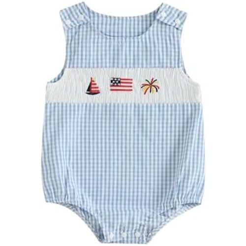 Newborn Baby Boy 4th Of July Outfit American Flag Embroidery Plaid Bubble Romper Summer Sleeveless Smocked Overalls