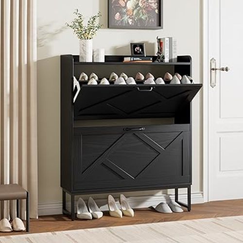 Nicetree Shoe Cabinet Storage for Entryway, Large Capacity Entryway Shoes Storage Cabinet, Freestanding Slim Shoe Organizer for Small Space, Hidden Shoe Rack Cabinet for Hallway, Bedroom, Rustic Black