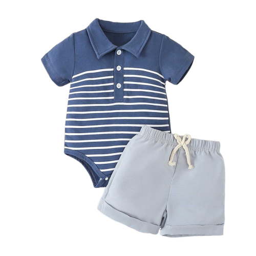 Ulanda Baby Boy Summer Clothes Button Short Sleeve Romper Bodysuit Shorts Set Soft Waffle Outfit (Blue, 6-9 Months)