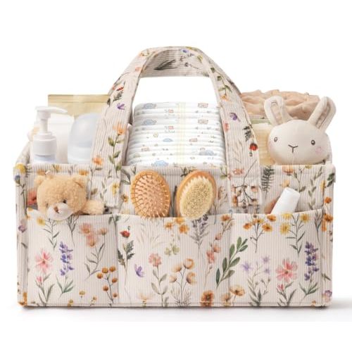 Corduroy Baby Diaper Caddy Organizer with Handles, Nursery Storage Basket | Portable Diaper Bag Car Caddy Organizer for Wipes, Girl Newborn Essentials Baby Shower Gifts Basket Registry Search Must Have