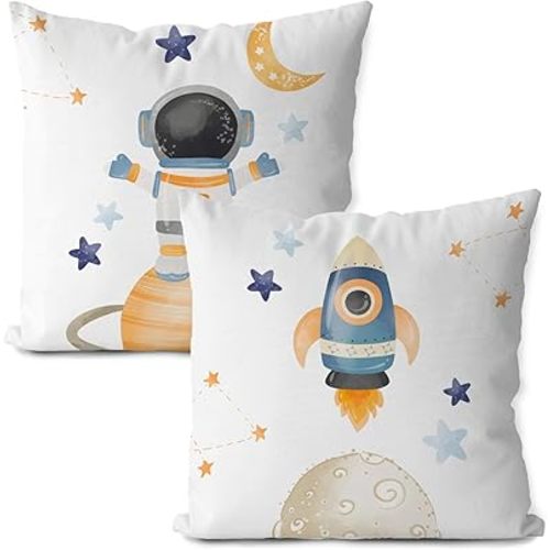 Space Pillow Covers 18x18 Set of 2, Astronaut Rocket Pillowcase for Kids, Space Themed Decor for Toddler boy Room Decor