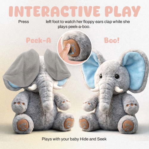 Peek-a-Boo Elephant Stuffed Animal with Music and Game Features, USB Chargeable Interactive Plush Toy for Infants, Blue Color for安抚 and Learning Activities