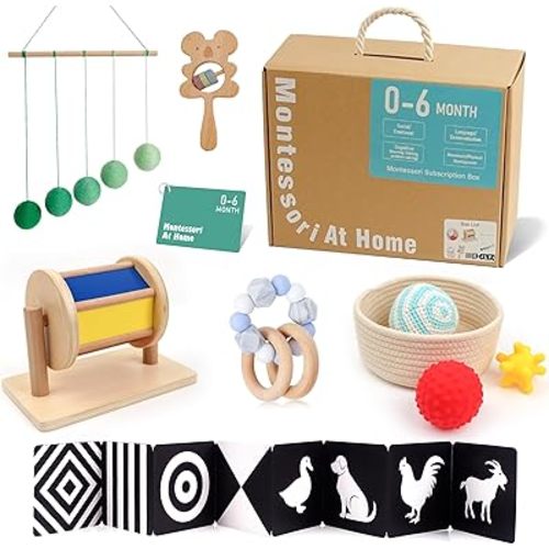 Hidoggy Montessori Play Kit for 0-6 Months Baby,6 in 1 Learning Educational Sensory Toys for Toddlers 0 3 6 Months, Includes High Contrast Baby Toys, Sensory Balls&Basket, Spinning Drum and More