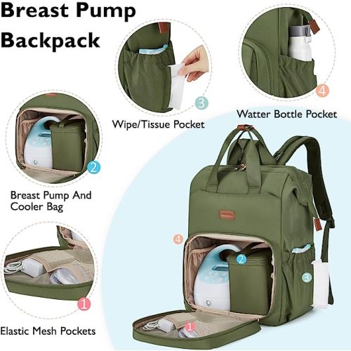 mommore Breast Pump Backpack for Spectra S1,S2 Medela Large Diaper Backpack for Working Moms with 15.6 inch Laptop Sleeve, Green