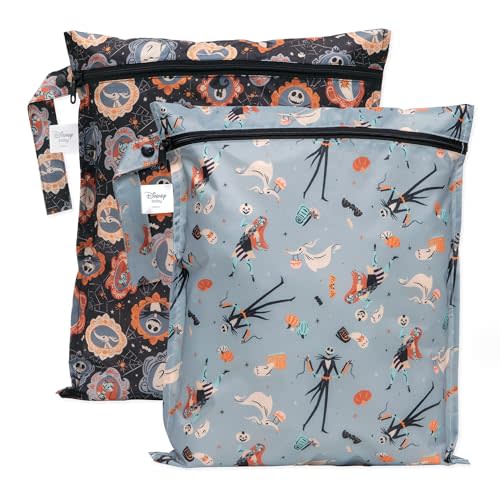 Bumkins - Disney - Waterproof Wet Bag - For Baby, Travel, Swim Suit, Cloth Diapers, Pump Parts, Pool, Gym, Toiletry, Strap to Stroller - Reusable & Easy to Clean - 2pk - Nightmare Before Christmas