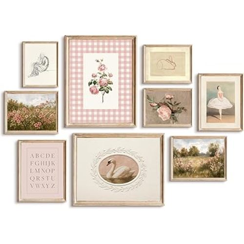 Pink Nursery Wall Art Baby Girl Room Canvas Poster Vintage Nursery Wall Decor Pink Floral Prints Kids Toddler Pictures Swan Rabbit Painting Gallery Artwork for Bedroom Bathroom 8x10x9 Inch Unframed