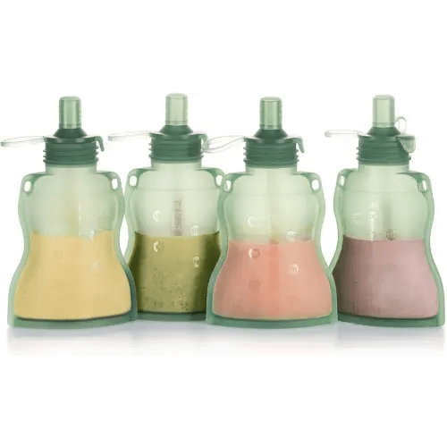 haakaa Baby Food Pouch Refillable Baby Squeeze Silicone Yummy Pouch, Soft Reusable Squeeze Storage Food Pouch for Kids Toddler,Home Made Food Puree,Smoothie Pouch Bag, 4oz, 4 Pack,6m+(Pea Green)
