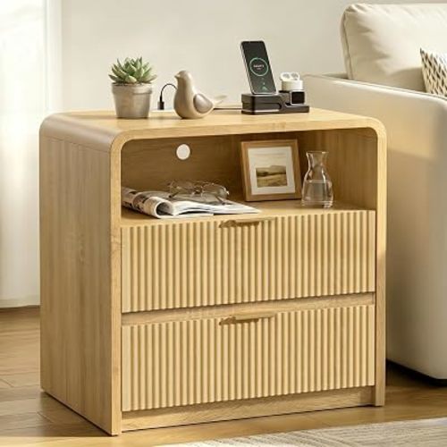PUKAMI Fluted Nightstand with Charging Station, Modern Curved Bedside Table with 2 Drawers and Open Shelf, Mid Century Wooden Night Stand for Bedroom Living Room (1 Pack)