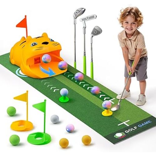 TOMMYHOME Putting Green Indoor with Toddlers Golf Clubs，Party Game with Automatic Golf Bounce Back Machine,Outdoor Training mats,Light up Balls,Gifts for 3 Year Old boy&Girl