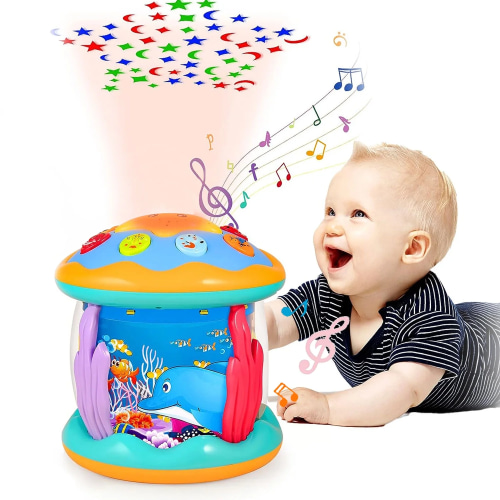 Baby Sensory Toy, Ocean Rotating Star Light Projector with 8 Colourful Lights & 6 Types of Fun Music, Interactive Early Learning Education,4 in 1 Tummy Time Crawling Toys for Baby 6+ Month