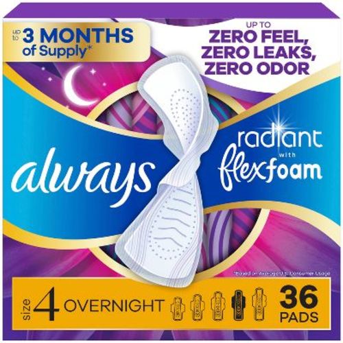 Always Radiant Overnight Sanitary Pads with Wings - Scented - Size 4- 36ct