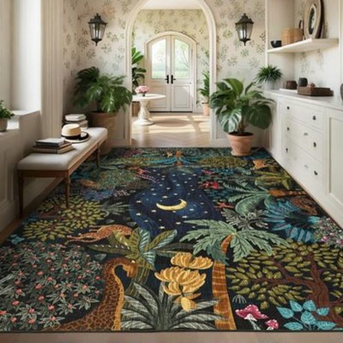 9'x12' Jungle Rug Washable Area Rugs for Living Room Bedroom Soft Forest Animals Print Rugs: Non-Skid Backing, Stain Resistant, Low Pile