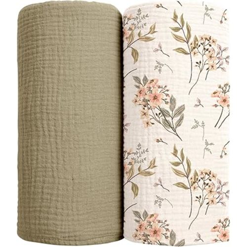 lulumoon Muslin Swaddle Blankets for Baby: Soft Cotton Newborn Receiving Blankets - Floral Print Nursery Gift Set for Baby Girls(Olive Flower)