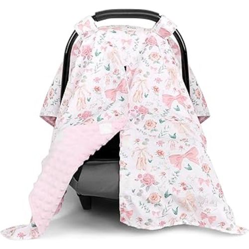 Baby Car Seat Cover, Soft Minky Warm Winter Car Seat Canopy for Infants & Toddlers, Opening with Adjustable Strap, Breathable Nursing Cover & Stroller Blanket, Pink Flowers (Fits Most Car Seats)