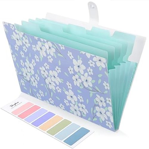 SKYDUE Expanding File Folder with 6 Pockets, Floral Accordion File Organizer for Important Document, Expandable Receipt Paper Holder, School Office Supplies Purple