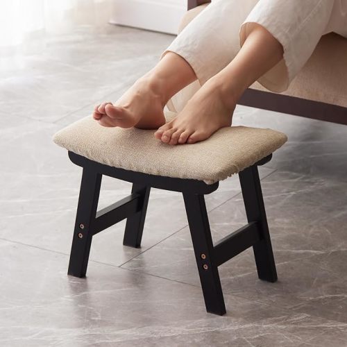 Kitsanery Foot Stool,Ottoman,Bamboo Small Sofa Foot Rest Under Desk,Extra Seating for Living Room, Bedroom and Kitchen (Black Stool Legs - Beige Surface)
