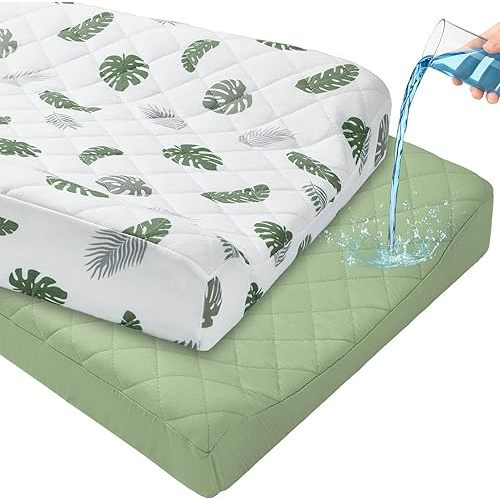 FIOBEE Changing Pad Cover Waterproof 2 Pack Quilted Diaper Change Table Sheets Breathable & Ultra Soft for Newborn Baby Boys Girls Fitted Changer Pads 32"x 16", Green