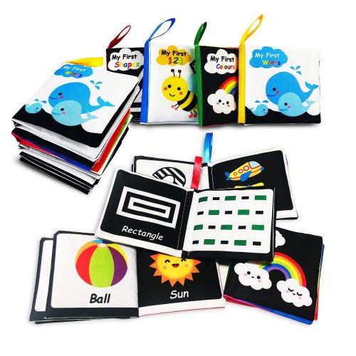 Aminfun Soft Cloth Baby Book Toy,Black White Fabric Baby Learning Book(Pack Of 4),Touch And Feel Crinkle Sound,Early Educational