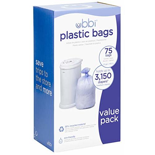 Ubbi Disposable Diaper Pail Plastic Bags, Made with Recyclable Material, True Value Pack, 75 Count, 13-Gallon