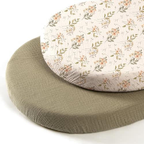 lulumoon Baby Bassinet Sheets Muslin: Soft Fitted Bassinet Sheets Floral for Girls - Fit for Oval Rectangle or Hourglass Mattress