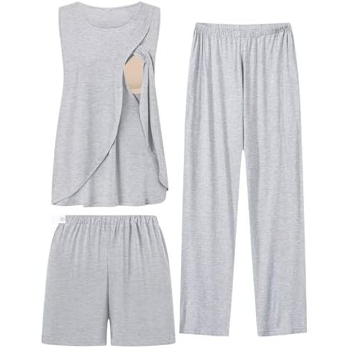 SWOMOG Women Maternity Pajama Set 3Pcs Nursing Pjs Sleeveless Pregnancy Set Breastfeeding Pjs Double Layer with Pockets