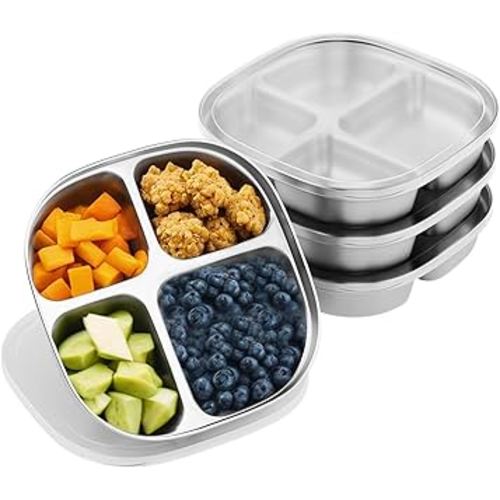 Stainless Steel Kids Plates,Set of 4 Toddler Plates with Lids - 4 Compartments Stainless Steel Snack Container for Kids Non Toxic & 100% BPA Free