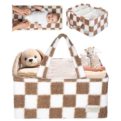 Toodly Checkered Diaper Caddy Organizer with Portable Changing Mat - Teddy Fleece Diaper Organizer for Changing Table - Caddy Organizer with Removable Dividers - Light Taupe and White