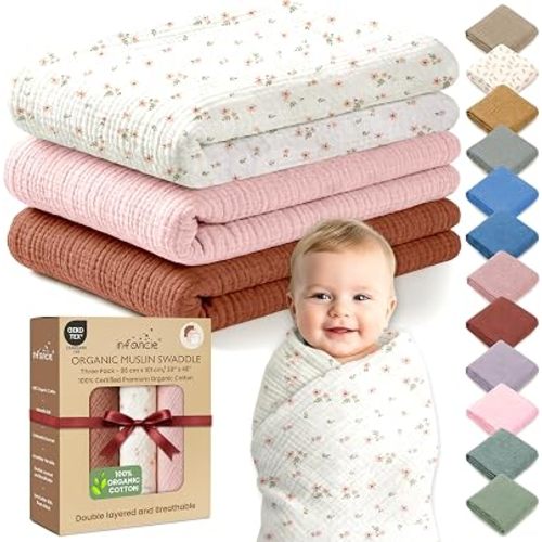 100% Organic Cotton 3 PK Baby Swaddle Blanket Unisex Gift 38x40 in