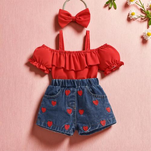 Baby Girl Red Ruffle Top & Heart Denim Shorts Set: Birthday Outfit