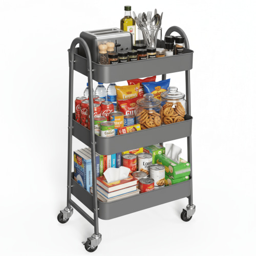 "EDX 3-Tier Rolling Cart, Metal Storage Cart with Lockable Wheels, Gray, 15.83""x12.04""x31"