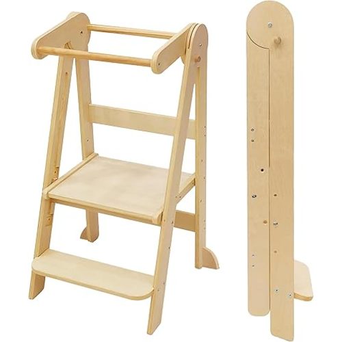 Foldable Toddler Tower Kitchen Stool Helper Folding Step Stool for Kids with 3 Adjustable Height Montessori Toddler Standing Tower for Kitchen Counter Sink Natural