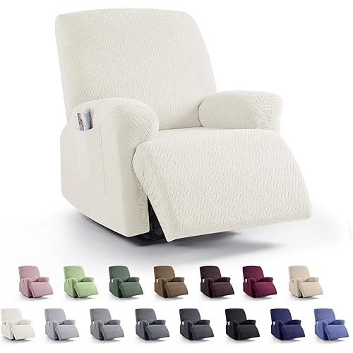 KinCam Recliner Covers, Stretch Reclining Chair Covers, Recliner Sofa Slipcovers Stripe Jacquard Recliner Couch Covers Furniture Protector Covers (1 XL Seater, Cream)